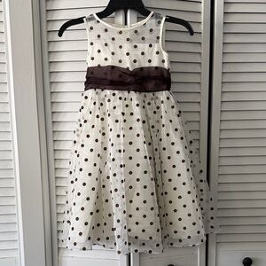 Kid's Dream Ivory and Brown Polka Dot Party Dress with Brown Sash